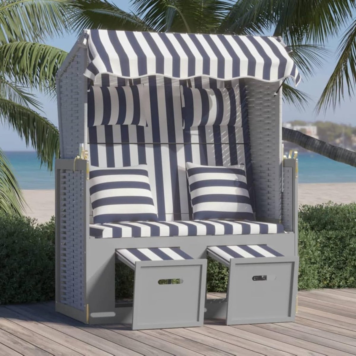 Strandstoel met kussen, zonnebed, lounge, ligstoel, 3-voudig verstelbare rugleuning met voetenbankje, voor tuin en terras, polyrotan en massief hout, blauw en wit