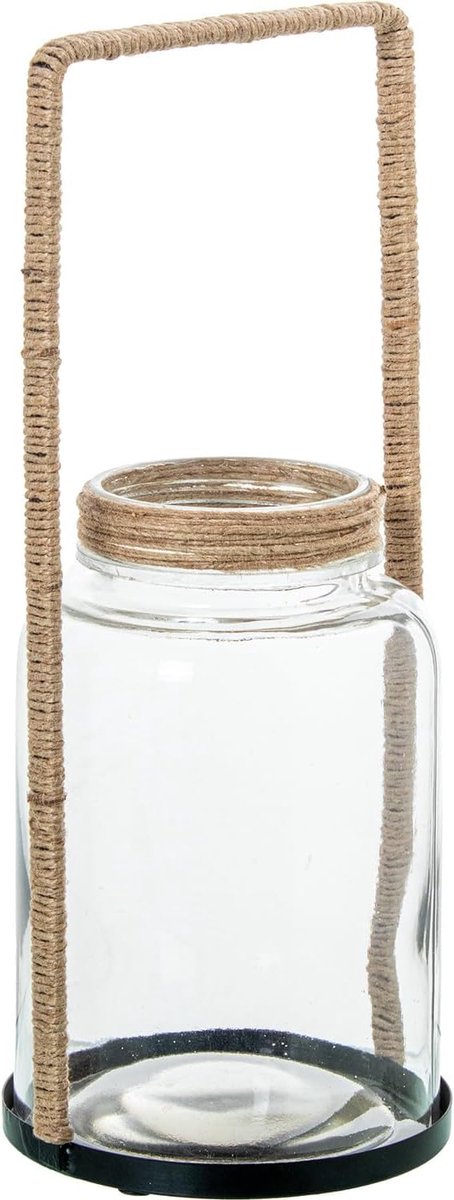Kandelaar met glazen handvat met koord in transparant en naturel, 13 x 13 x 33 cm
