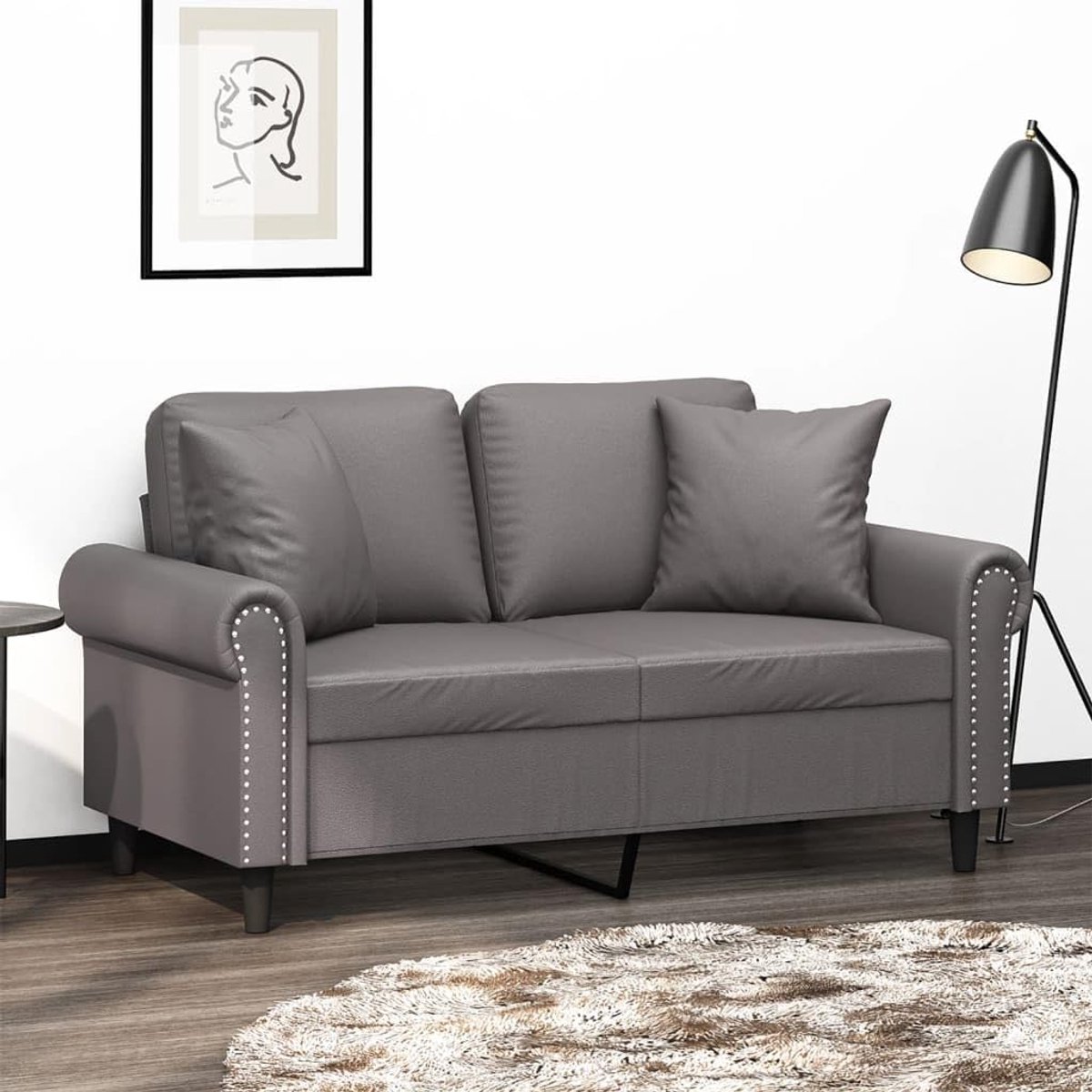 2-zitsbank met sierkussen, grijs, 120 cm, kunstleer, modern design, duurzaam kunstleer, robuust metalen frame, comfortabele bekleding, vuilafstotend, eenvoudige reiniging