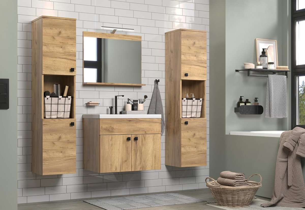 Trendteam smart living - Haven - badkamermeubelset - eiken - (BxHxD) 142 x 133 x 40 cm - hangende wastafelkast inclusief keramische inzetwastafel 2 hoge kasten 1 spiegel