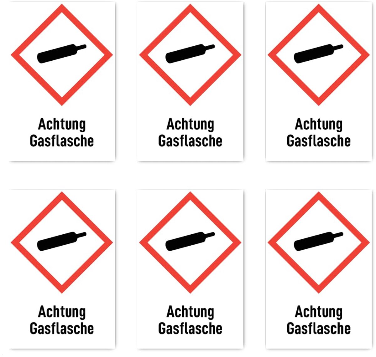75x50 mm, 6 stuks - Let op gasfles - gevarensymbool met tekst (Duits) (rood/wit) - rechtop - GHS04 - UN/GHS-gevarenpictogram