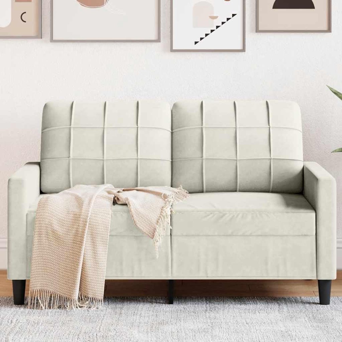 2-zitsbank, crème, 120 cm, fluwelen stof met metalen frame, comfortabele gestoffeerde bank voor woonkamer, zachte velours bank met modern design