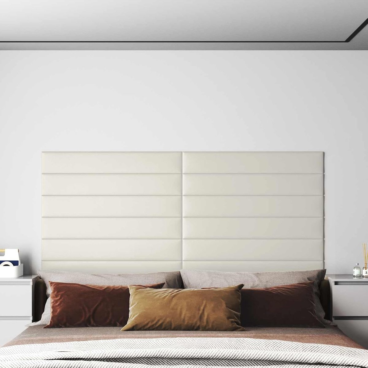 12-delig fluwelen hoofdeinde in crème, rechthoekig wandpaneel van houtmateriaal voor moderne slaapkamerdecoratie, elegante slaapkamerwanddecoratie met fluweelachtig oppervlak