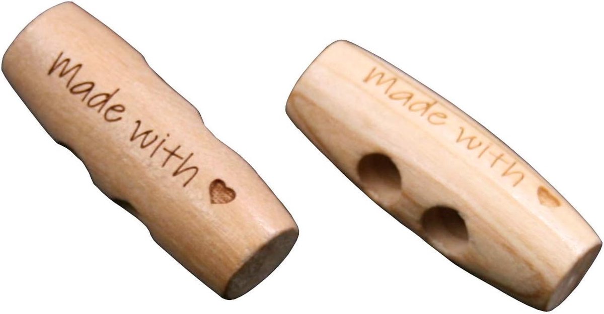 Knopen met tekst Made with Heart van echt olijfhout knevel Toggle ovaal 30 mm