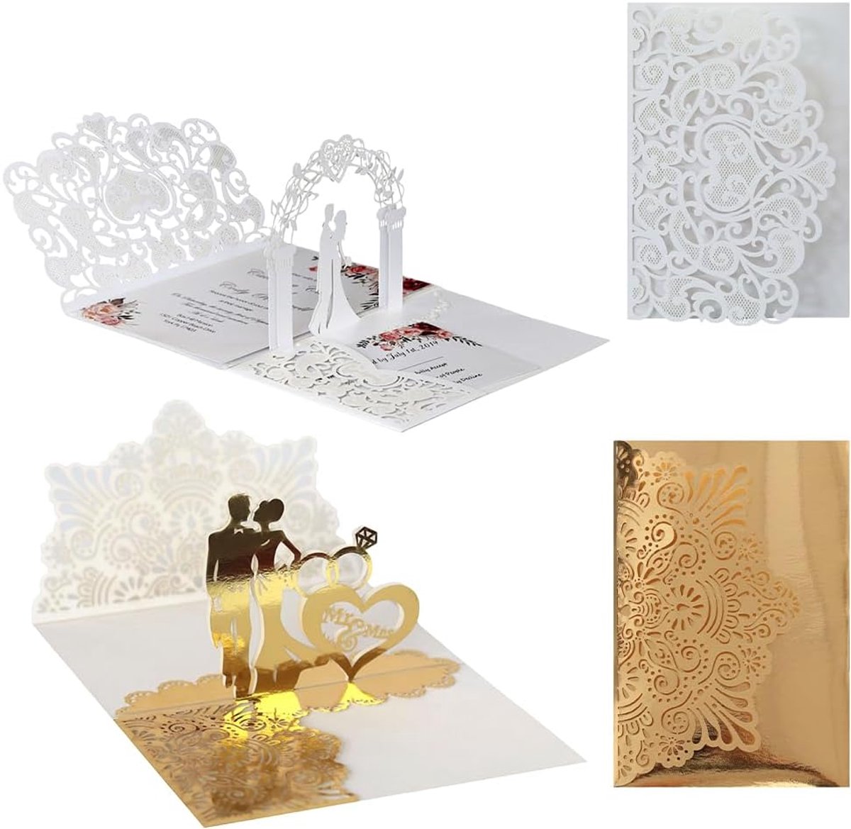 Kaart bruiloft, 3D pop-up trouwkaart, elegante wenskaart voor bruiloft, uitnodigingen en huwelijkscadeau voor nieuwlweds, uitnodigingskaarten (goud en wit)