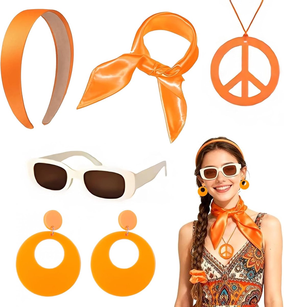 Set van 5 stuks jaren '60 en 70 hippiekostuum voor dames met hoofdband, oorbellen, zonnebril, zijden sjaal, peace-teken, halsketting voor themafeesten