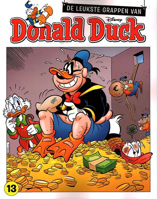 Donald Duck stripboek met de titel "DE LEUKSTE GRAPPEN VAN Donald Duck". Donald zit op een berg munten, met geld en een zak met euro's.