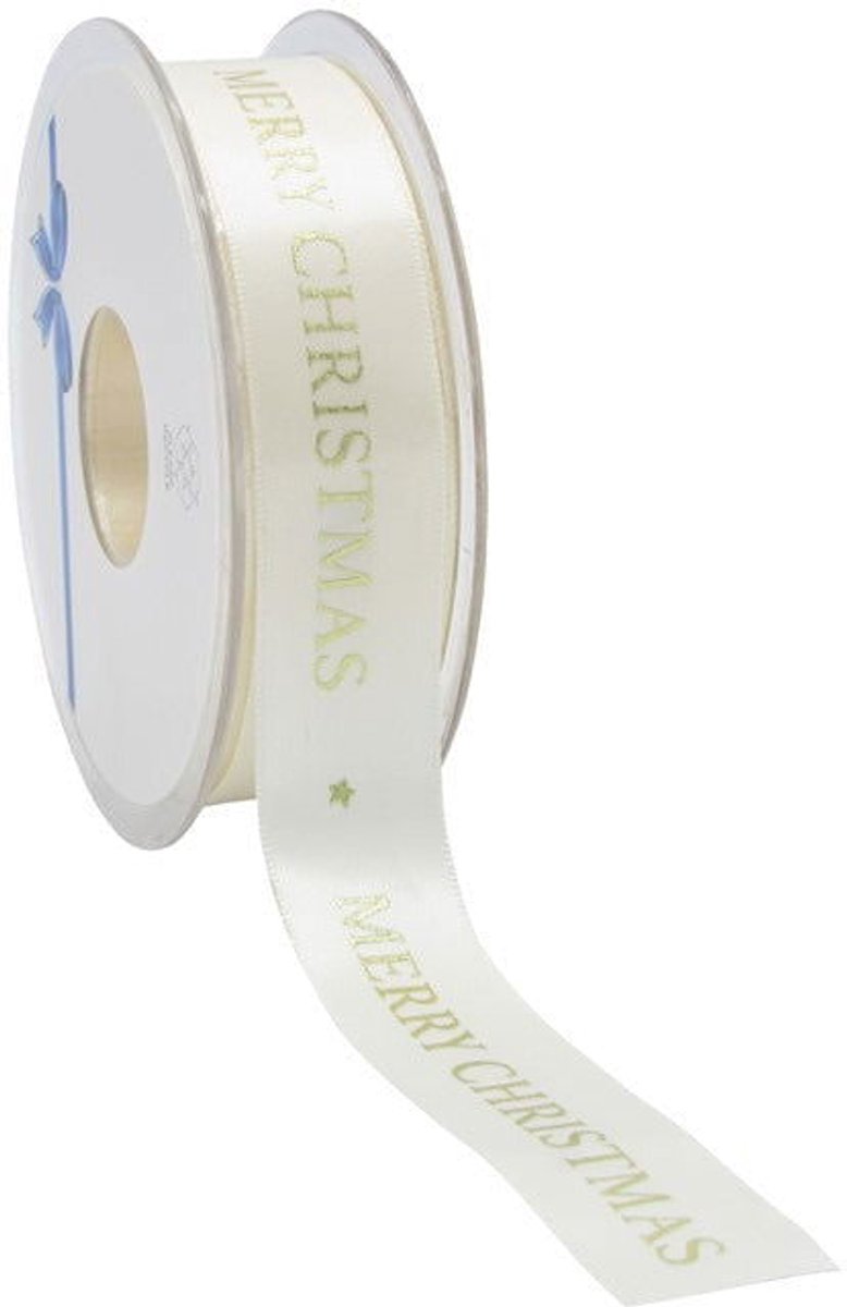 Kerstlint Satijn Ivoor Merry Christmas – 23 mm × 25 m