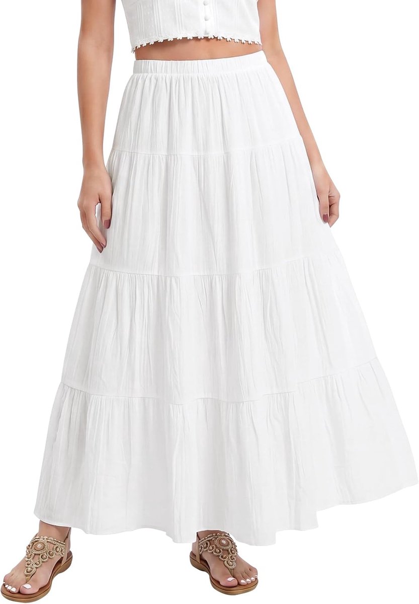 Maxirok voor dames, lange rok, gevoerde zomerrok, lange strandrok, hoge taille, stretch, plissé, midirok, boho-rok, traprok, wikkelrok, rokken met elastiek