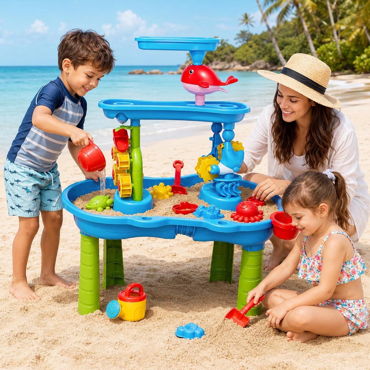 3-traps zand- en waterspeeltafel voor peuters, waterspeeltafel outdoor met regeneffect en windmolen, incl. 2 stoelen en strandspeelgoed, sensorische speeltafel voor kinderen vanaf 3, 4, 5, 6 jaar