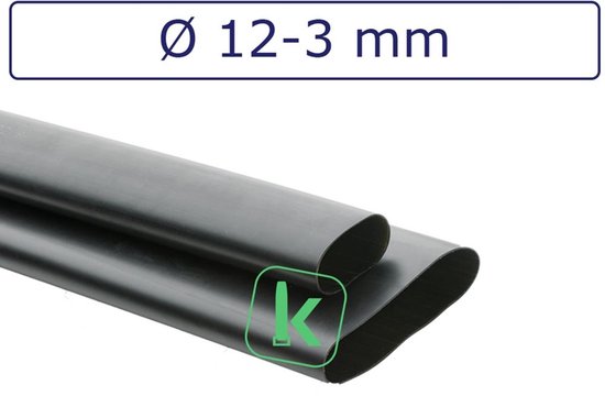 Zwarte krimpkous met lijm, diameter 12-3 mm, met logo 'K'.