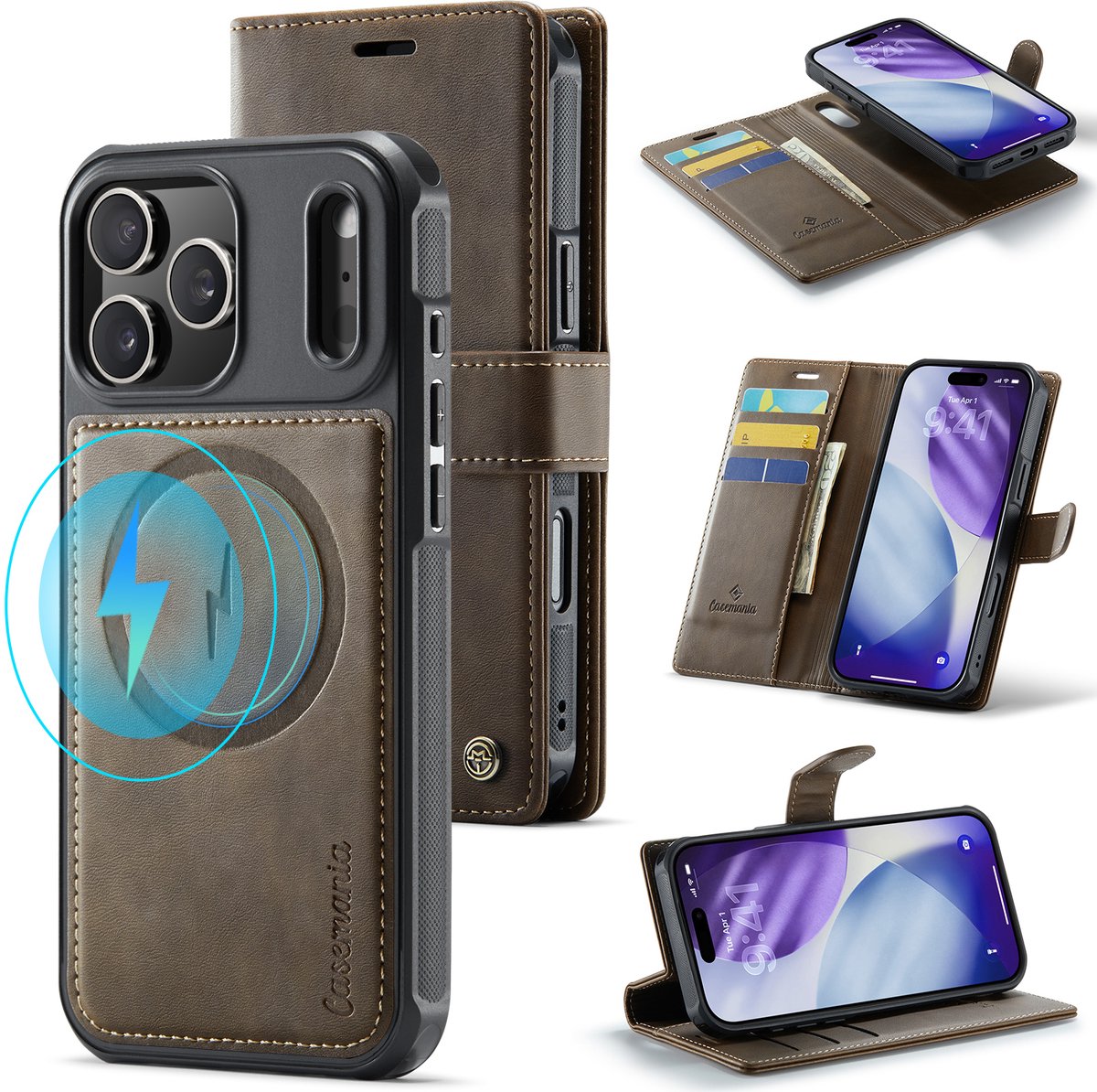 Casemania Hoesje Geschikt voor Apple iPhone 18 Pro Max - Mahogany Brown - Geschikt voor MagSafe - Luxe Kunstleer 2 in 1 Afneembare Bookcase - Magnetische Telefoonhoesje met Pasjeshouder en Standaardfunctie