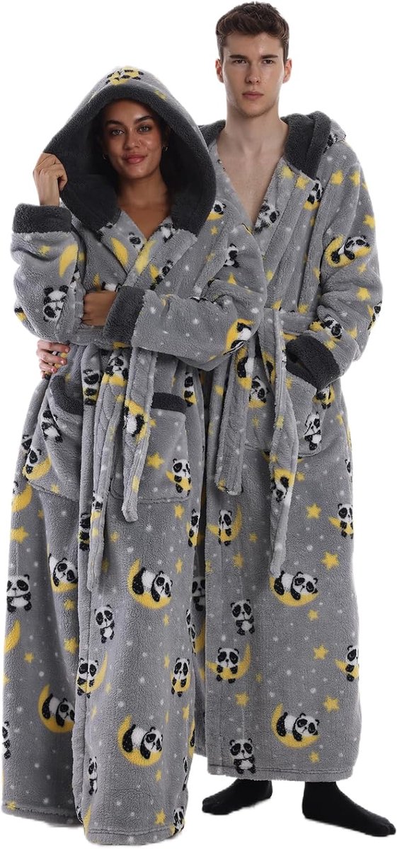 Badjas met Capuchon voor Dames & Herren - Flanellen Ochtendjas Extra Lang (140cm), Unisex met 2 Zakken & Verstelbare Gordel voor Thuis & SPA