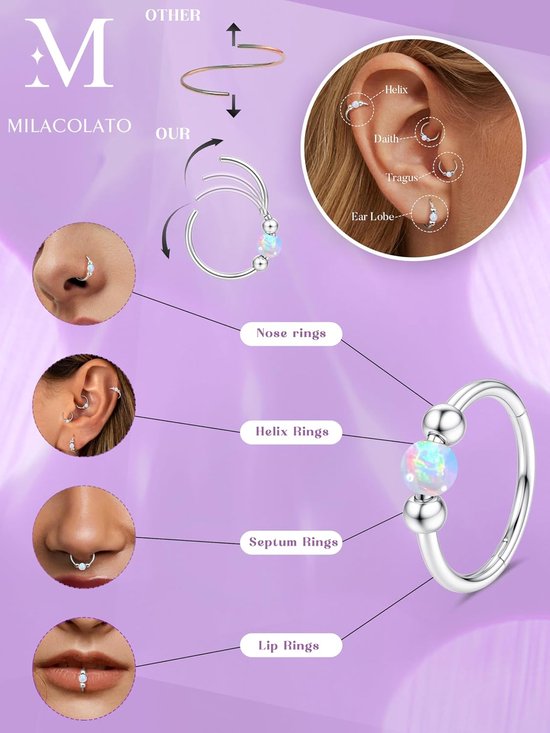 4 Stks Neusring Hoepel Stud Set Hypoallergeen Chirurgisch Staal Opaal Spetum Ring Sliver L-vormige Neus Stud Goud voor Vrouwen 18G Septum Piercing Sieraden Helix Neusgat Conch Hoop Piercing — afbeelding 3