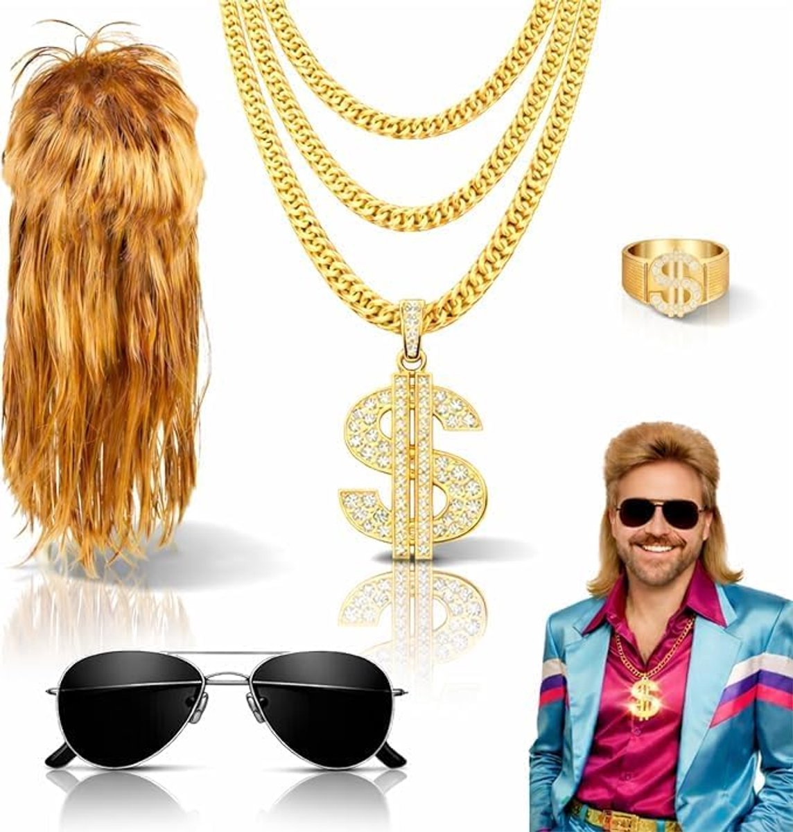 4-in-1 mul set met Assi pruik, gouden ketting, bril - voor carnaval & carnaval voor 80s 90s kostuum