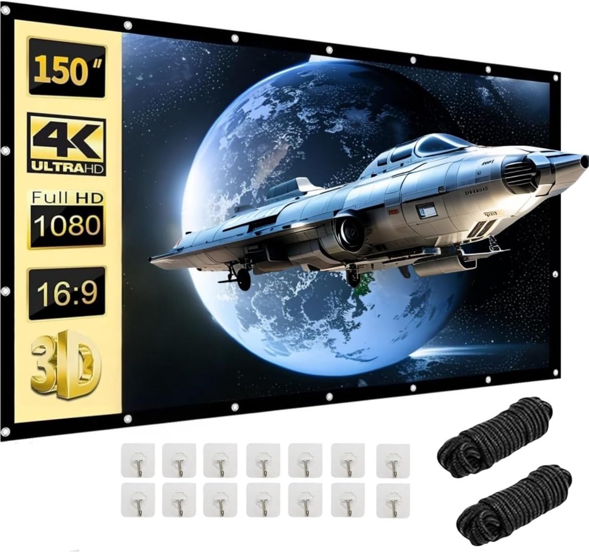 beamer, 150 inch, 16:9 HD, opvouwbaar, voor buiten, dikker, lichtdichter, projectiescherm, kreukvrij en gemakkelijk te dragen, bijzonder geschikt voor outdoor, camping, thuis