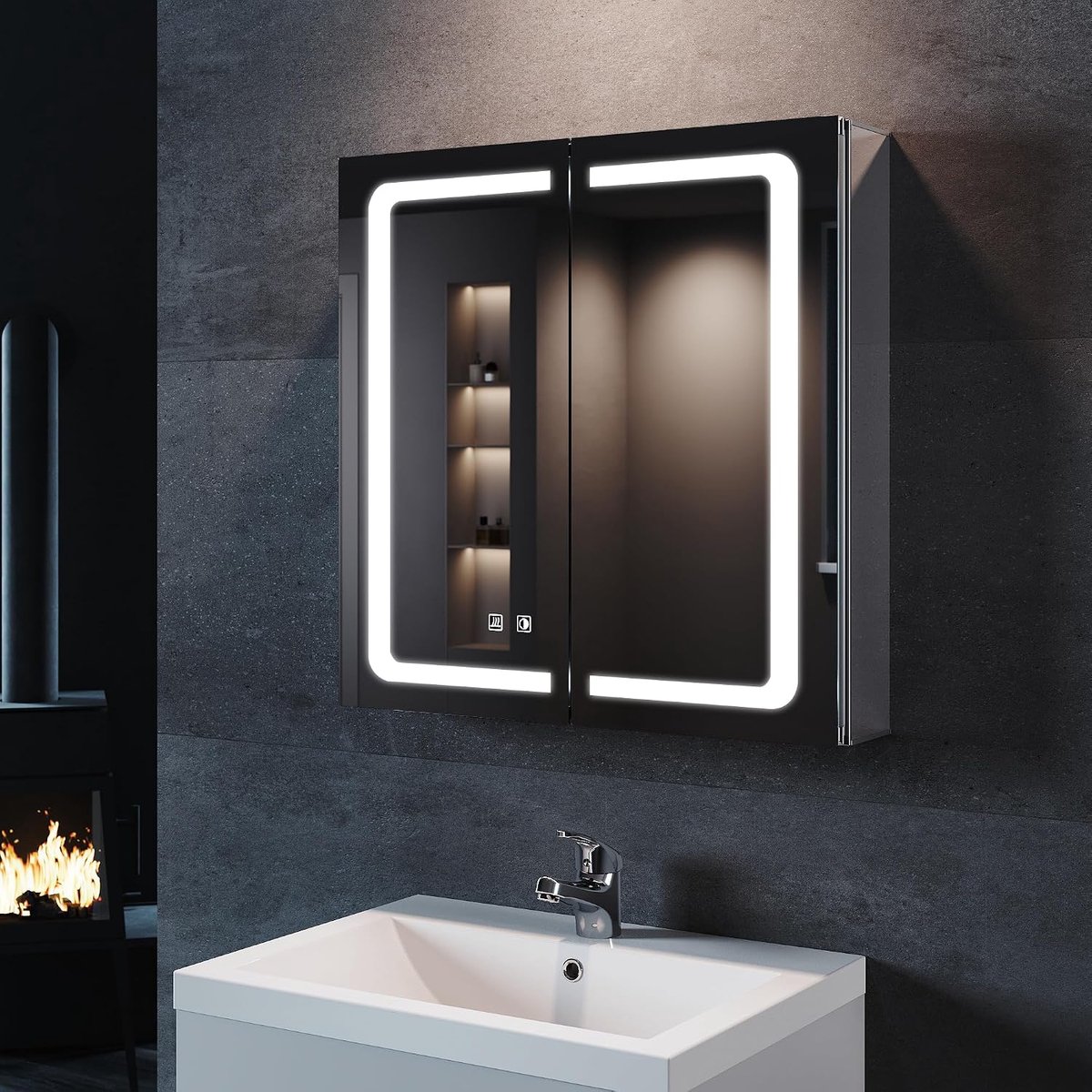 Spiegelkast badkamer met verlichting 65cm aluminium 2-deurs scharnier
