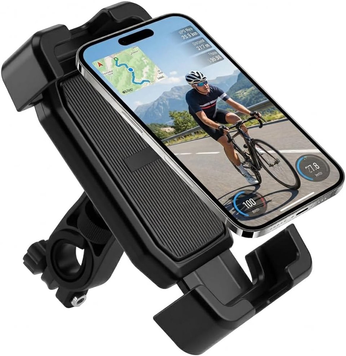 Telefoonhouder voor motorfiets, fiets, 360 graden draaibaar, anti-vibratie, telefoonhouder voor iPhone 16 15 14 13 12 11 Pro Max XS XR Samsung S24 en andere 4,7-6,8 inch smartphones