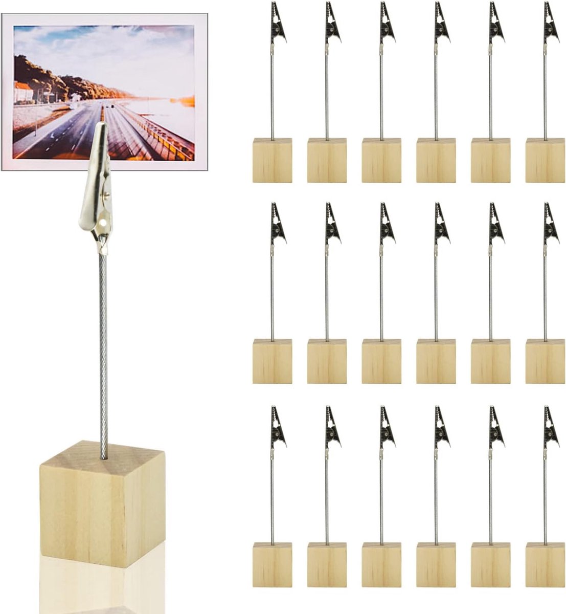 Fotohouder met klemmen, 20 stuks, houten kaartstandaard, memohouder, fotohouder clip, tafelkaarthouder, plaatskaarthouder, memocliphouder met krokodillensluiting, houten sokkel, fotostandaard