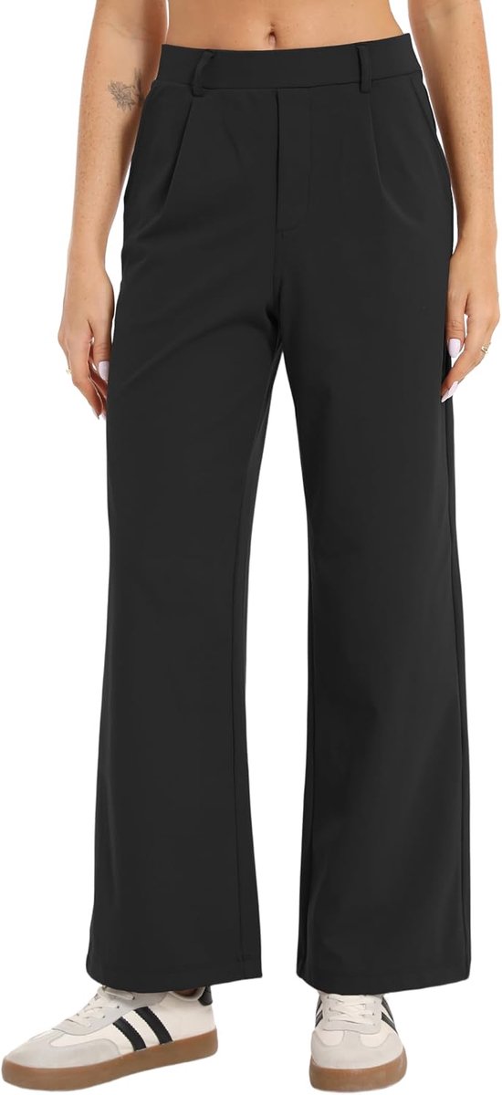 Zakelijke broek voor dames, casual kostuumbroek, hoge taille, stretch, elegante brede stoffen broek met zakken, kantoor, werkbroek, vrijetijdsbroek