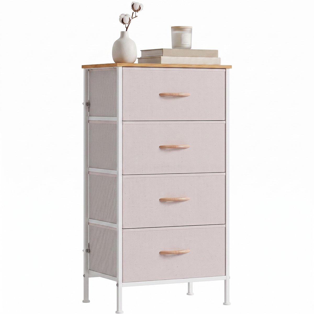 Smalle ladekast met 4 stoffen lades - Khaki/wit met houtlook - Voor slaapkamer en hal - MDF blad en verstelbare voetjes - 45 x 30 x 91 cm