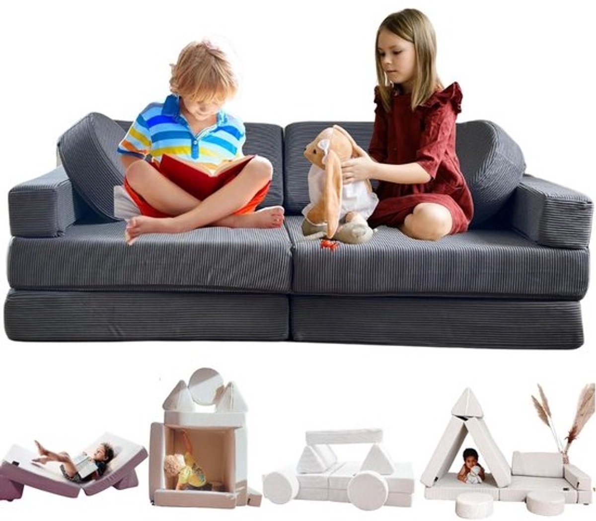 Kinder Slaapbank - Logeerbed Fauteuil - Spelen en Ontspannen - Converteerbaar en Aanpasbaar - 2-zits - Grijs