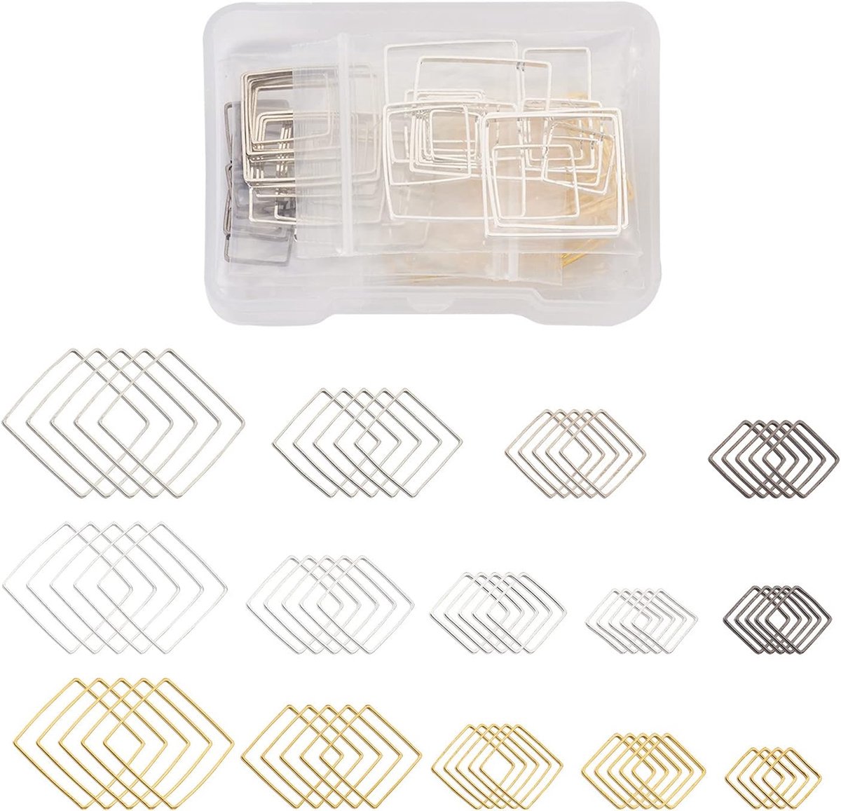 Dailygoods- Bezel Charm 84 Stuks - Messing Verbindingsringen - Vierkante Koppelringen - 3 Kleuren - 8mm ~ 20mm - Sieraden Bevindingen