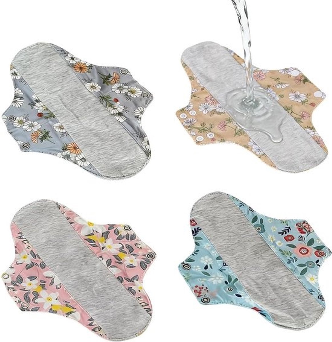 Wasbaar Maandverband - Herbruikbare Pads - Dagelijks Gebruik - Waterdichte Voering - 4 Stuks - Blauw Geel Grijs
