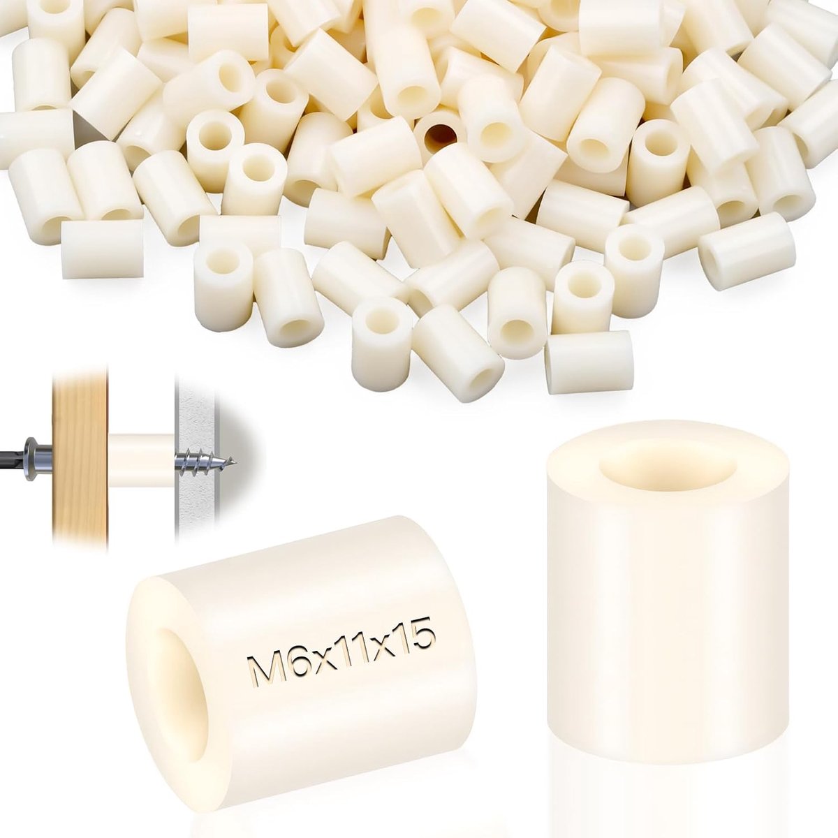 Kunststof afstandshulzen M6 ronde afstandhouders 50 stuks ABS afstandsschijven nylon onderlegringen 11x15 mm isolatie bijlegringen wit voor elektrische afstandhouders schroeven