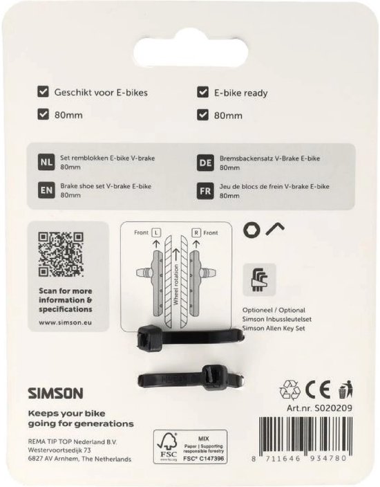 Verpakking met Simson V-brake remblokken 80mm voor e-bikes, inclusief een inbussleutelset.