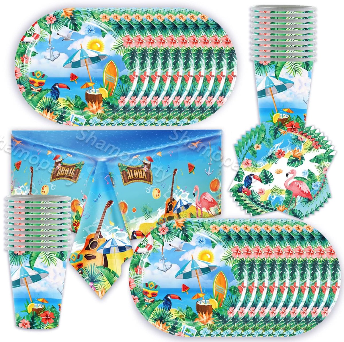 set van 61 stuks, papieren servetten, beker, borden, tafeldecoratie, Hawaiian party, zomer, cool themafeest, bestek