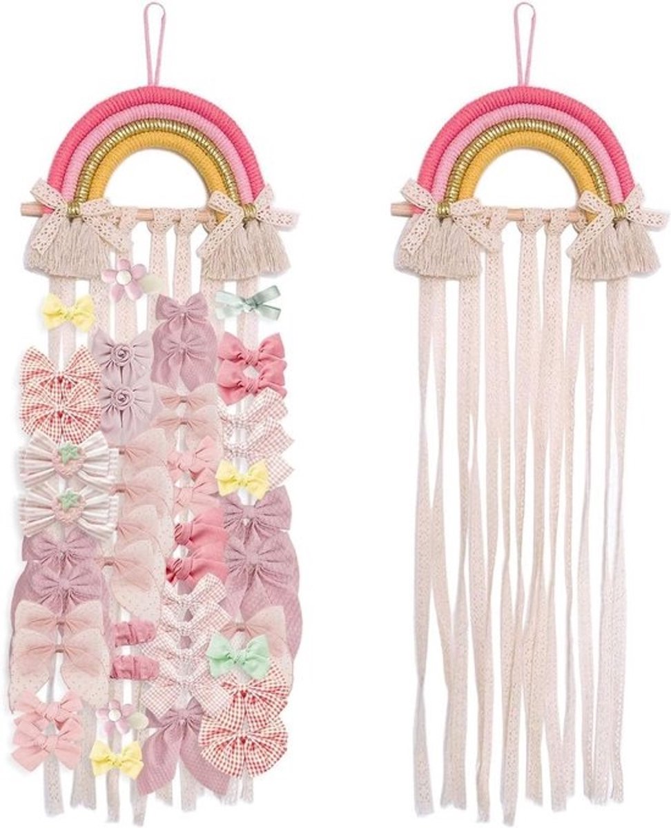 Haarclip Organizer Regenboog - Haaraccessoire Houder - Kamer Decoratie - Handgemaakte Katoenen Regenboog - 30 cm - Roze Geel