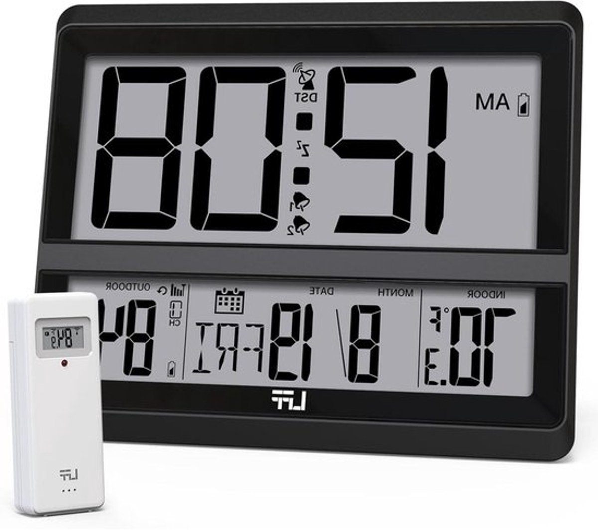 Digitale Wandklok - Bureauklok - Tijd Weergeven - Met Buiten Sensor - Groot Display - Zwart