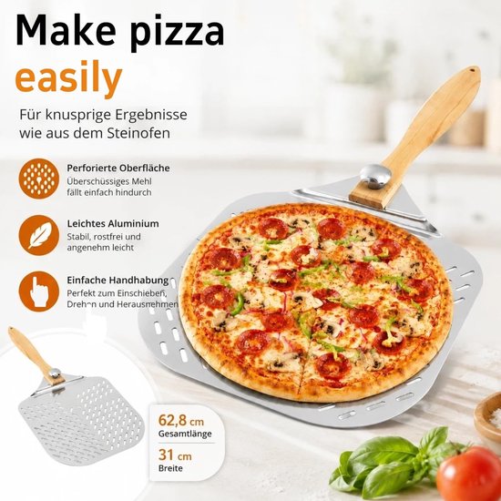 Aluminium pizzaschep van roestvrij aluminium, pizzaschep, professionele pizzaschep, XXL pizzaschep met gevormde gaten, pizzaschep (zilver) — afbeelding 3