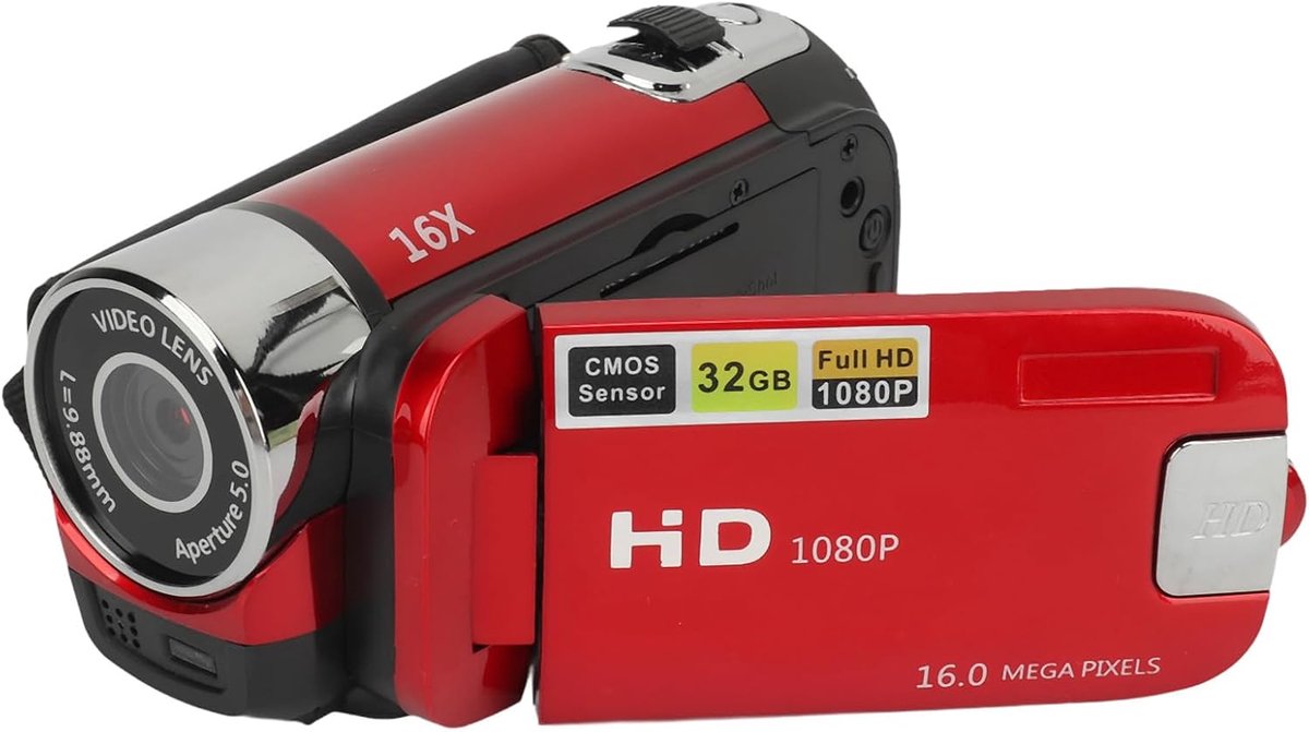 Camcorder, 1080P 16MP Digitale Camerarecorder, 2,4 Inch Draaibaar Scherm 16X Digitale Zoom Camcordercamera met Invullicht (rood)