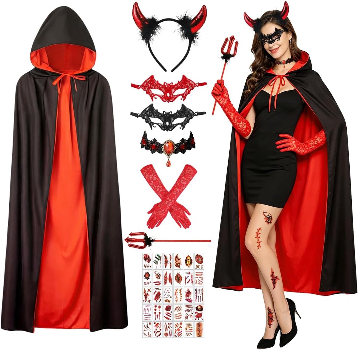 duivelskostuum dames, duivelcape dames met duivelsaccessoires, duivelskostuum dames, duivelskostuum dames, Halloween vampierkostuum voor themafeest, cosplay, carnaval