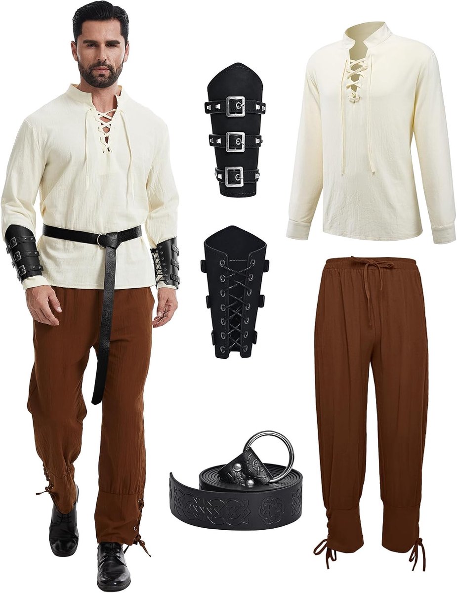 Vikingkostuum voor heren, 5-delige renaissance-kostuumset met broek met accessoires, voor Halloween, carnaval, piraten, cosplay