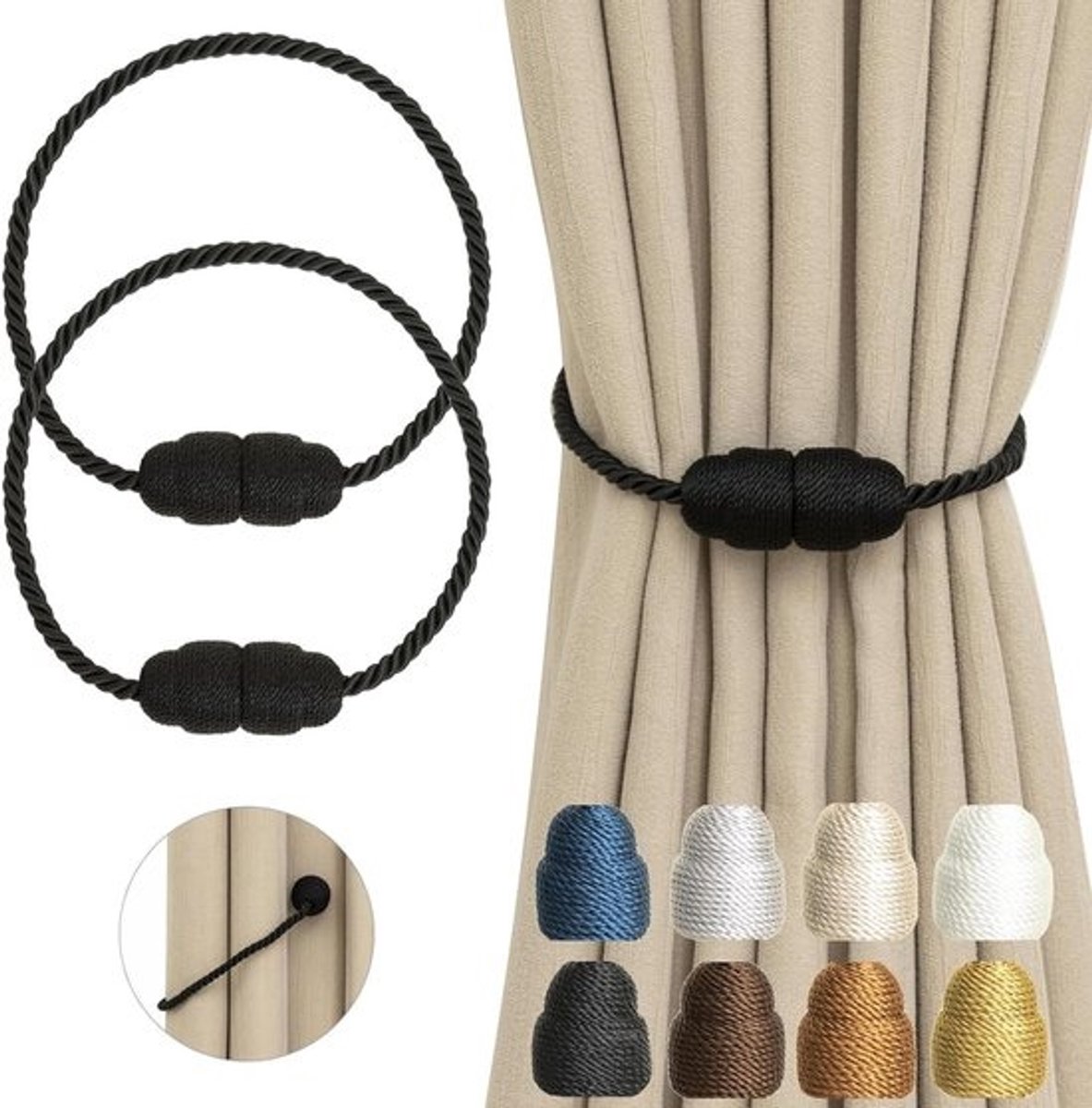 Magnetische gordijnbinders, zeer sterk polyester, zwart, 2 stuks
