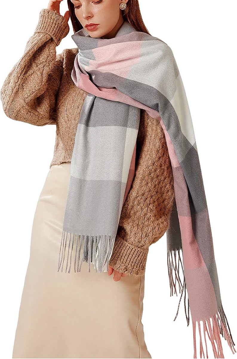 Dames sjaal XXL warme zachte gebreide sjaal geruite wintersjaal herfstsjaal wollen sjaal vrouwen dekensjaal halsdoek poncho cape, roze