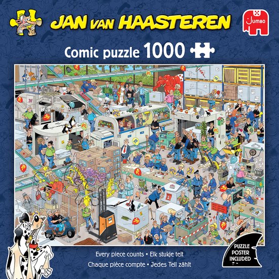 Jan van Haasteren strip puzzel 1000 stukjes: Nederlandse Spellenfabriek met veel kleurrijke figuren, dieren en chaos.