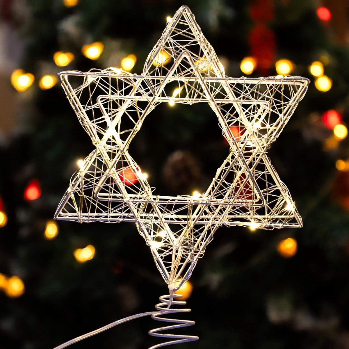 Kerstboomtopster - Lichtgevende boomtopster - Lichtgevende zeshoekige kerstboomster - 20 LED-lampjes - Kerstdecoratie - Werkt op batterijen (2 AA-batterijen niet inbegrepen) - Zilver - Geschikt voor huisdecoratie/kerstversiering binnenshuis