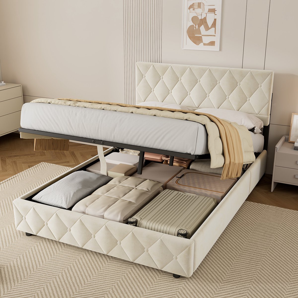 WUVRIE Gestoffeerd opbergbed 140x200 cm met fluwelen bekleding en houten lattenbodem, beige