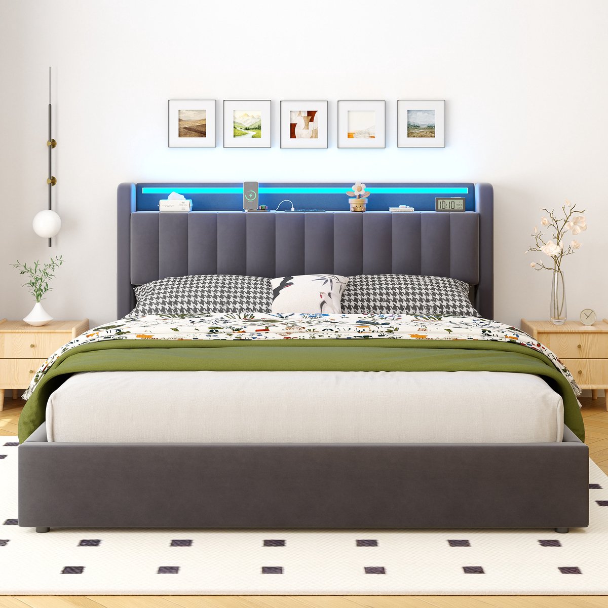 WUVRIE Opbergbed 180x200 cm met USB, sfeerverlichting en fluwelen hoofdbord, donkergrijs
