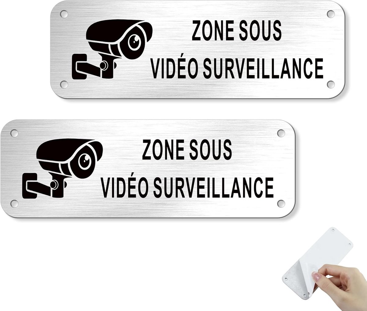 Set van 2 borden voor videobewaking, 15 x 5 cm, geborsteld aluminium, videobewaking, bord voor thuis, kantoor of commercieel