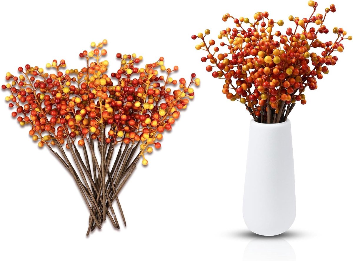 Kunstbessen herfstdecoratie 20 oranje bessentakken kerstdecoratie