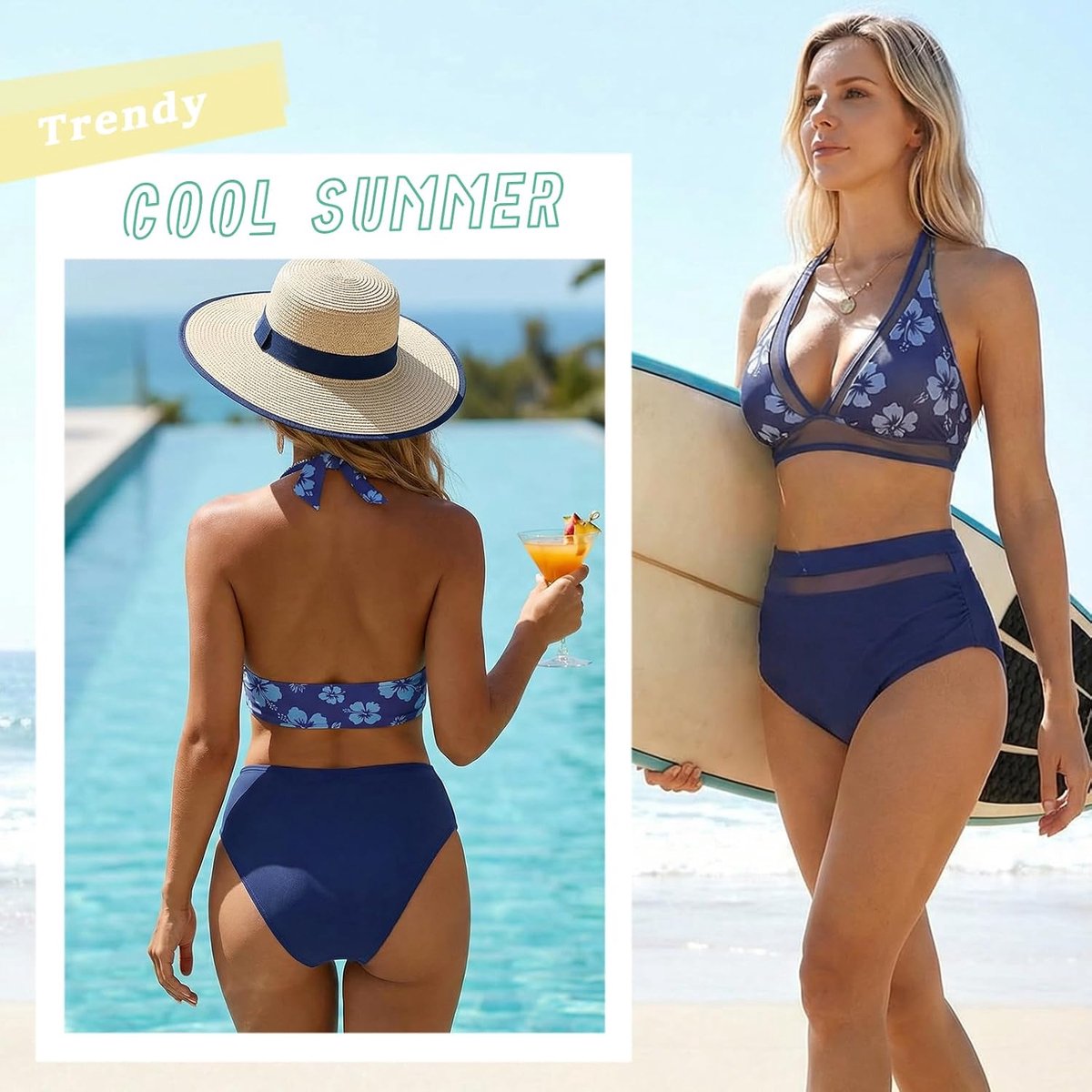 Sets voor dames, hoge taille, 2-delig, push-up-badpak, met zachte bekleding, tweedelig, V-hals, buikcontrole, strandbikini, zomer, buik-weg