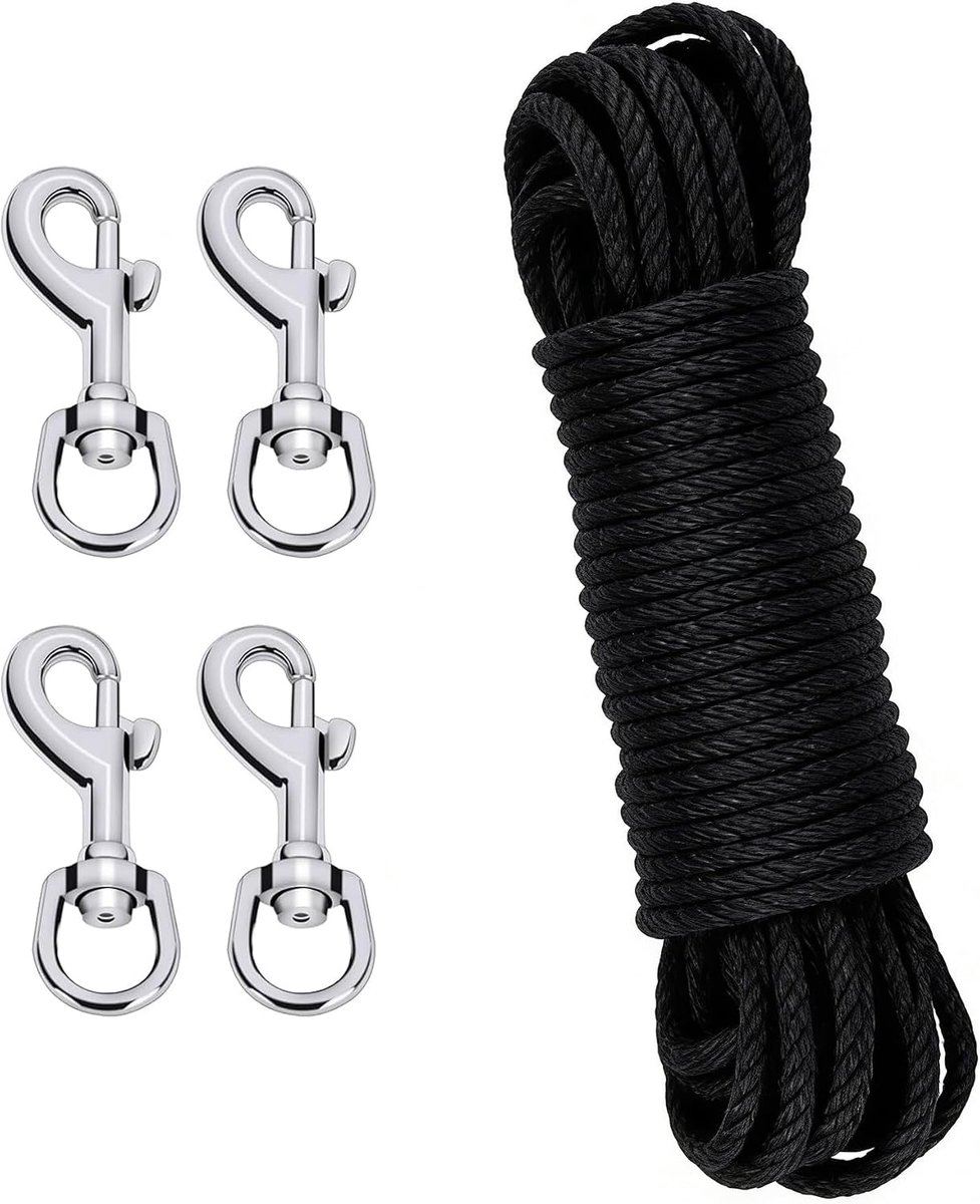20M vlaggenmast touw met 4 karabijnhaken, nylon vlagtouw voor buiten thuis (zwart)