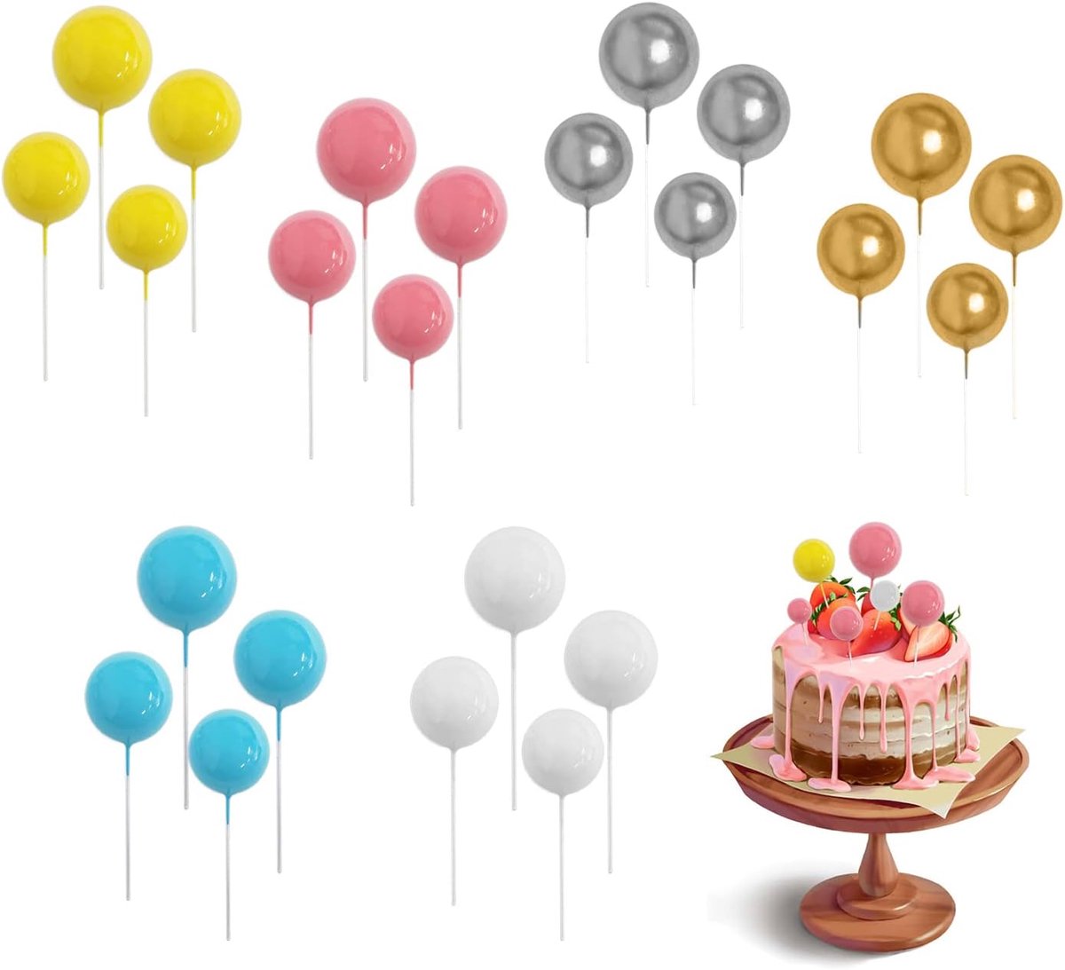 Set van 6 taartballondecoraties, schuim-kinderverjaardagsfeesttaartopzetstukken, decoraties, Valentijnsdag, bruiloft, verkrijgbaar (6 kleuren)