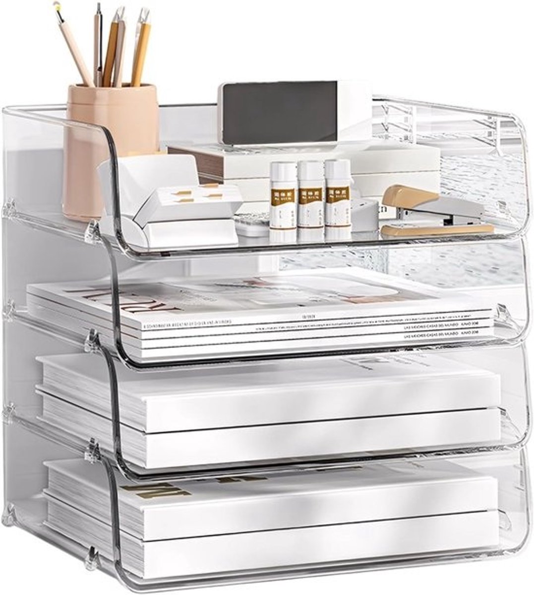 Bureau Organizer - Papierlade Stapelbaar - Documenten Sorteren - Vier Lagen - 32.5 x 25 x 27 cm - Transparant