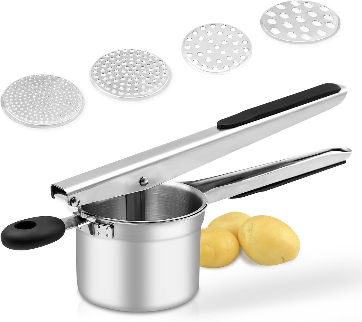 Aardappelpers met 4 verwisselbare schijven, groot 425 gram zware roestvrijstalen maakstamper en keukengereedschap voor aardappelpuree